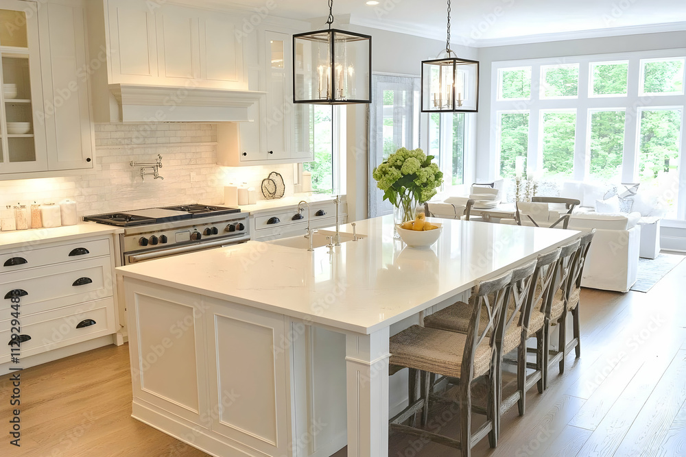 Beautiful white kitchen island with clean, modern design and ample workspace, AI Generated Beautiful white kitchen island with clean, modern design and ample workspace, AI Generated