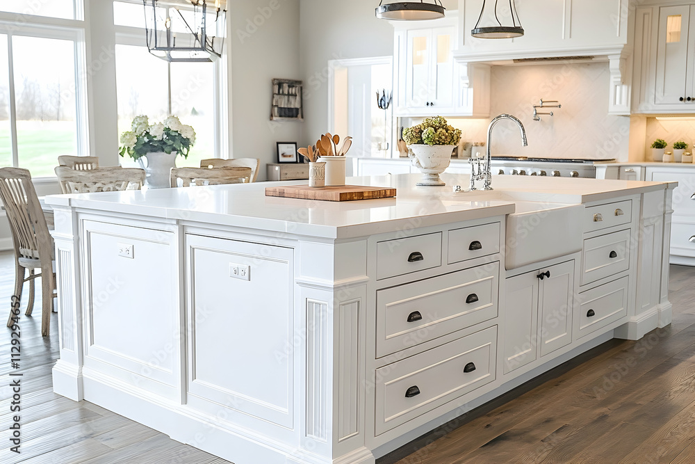Beautiful white kitchen island with clean, modern design and ample workspace, AI Generated Beautiful white kitchen island with clean, modern design and ample workspace, AI Generated