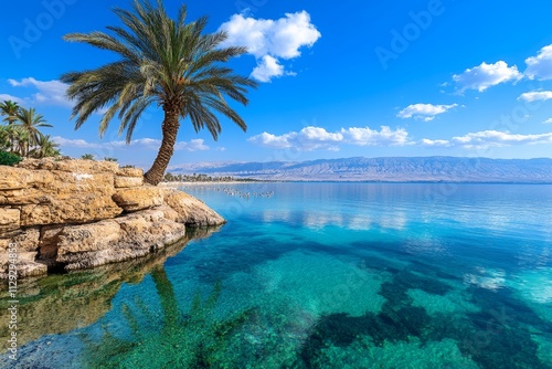 A serene shot of the peaceful lagoons in Eilat, with birds like flamingos and herons resting in the shallows photo