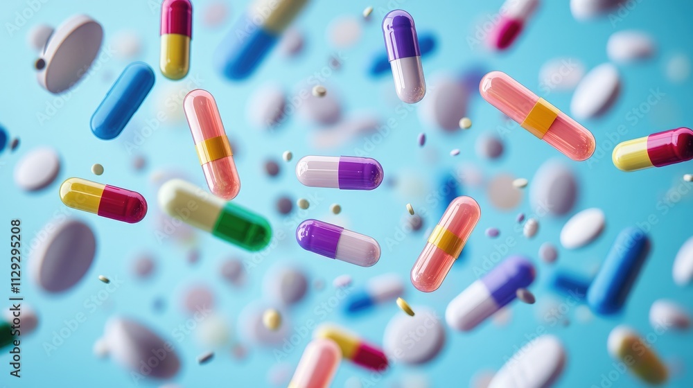 Multi-colored pills and capsules of drugs flying in all directions Multi-colored pills and capsules of drugs flying in all directions
