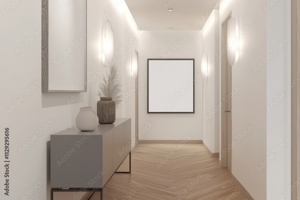 Sleek,sideboard,under,blank,ISO,A3,frame,minimalist,hallway,white,walls,wooden,floors,bathed,soft,natural,light. Sleek,sideboard,under,blank,ISO,A3,frame,minimalist,hallway,white,walls,wooden,floors,bathed,soft,natural,light.