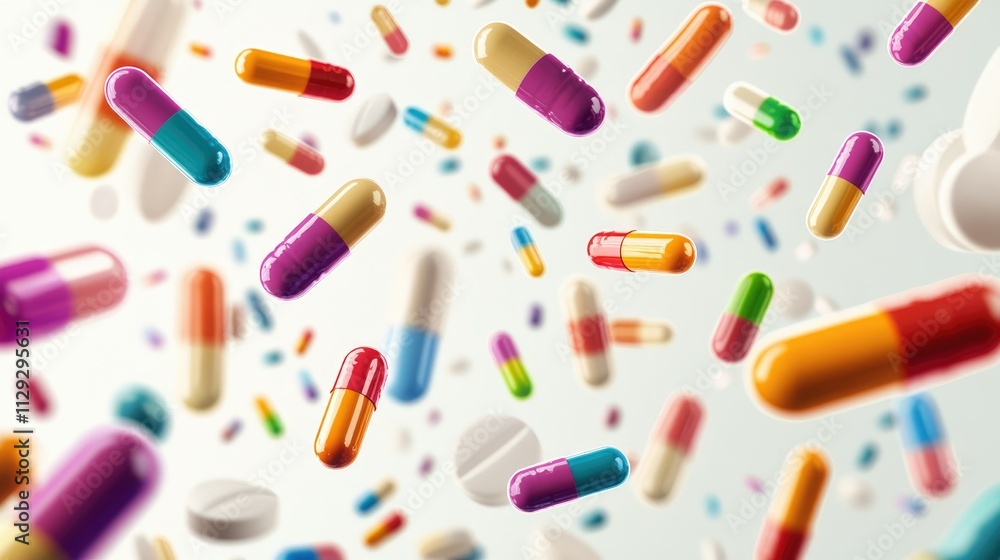 Multi-colored pills and capsules of drugs flying in all directions Multi-colored pills and capsules of drugs flying in all directions