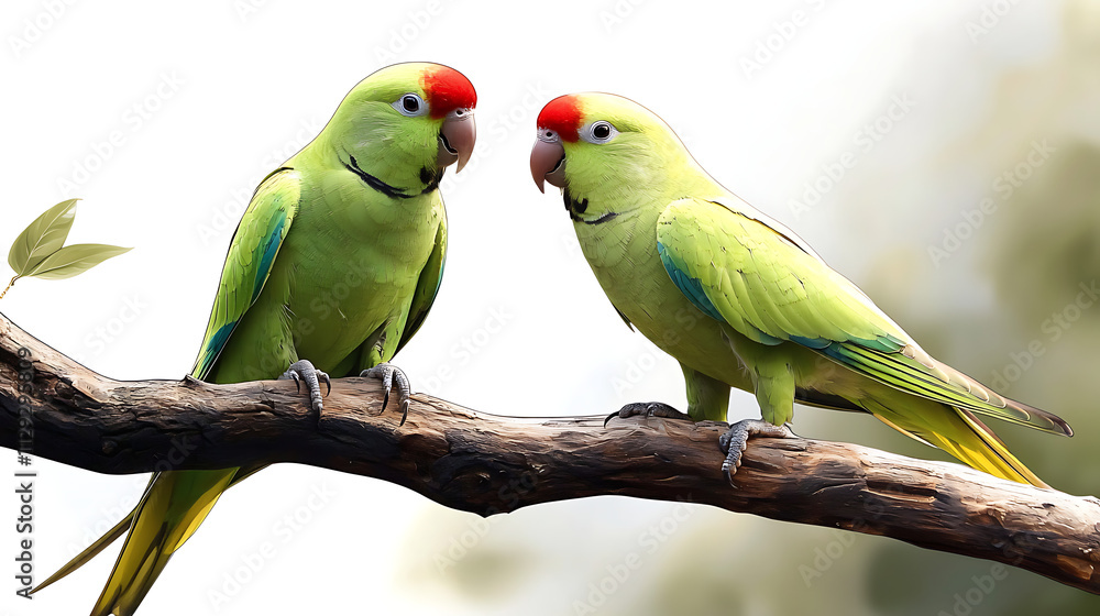 Fototapeta premium Two green parrots are perched on a branch