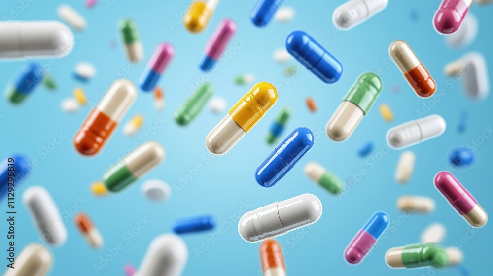 Multi-colored pills and capsules of drugs flying in all directions Multi-colored pills and capsules of drugs flying in all directions
