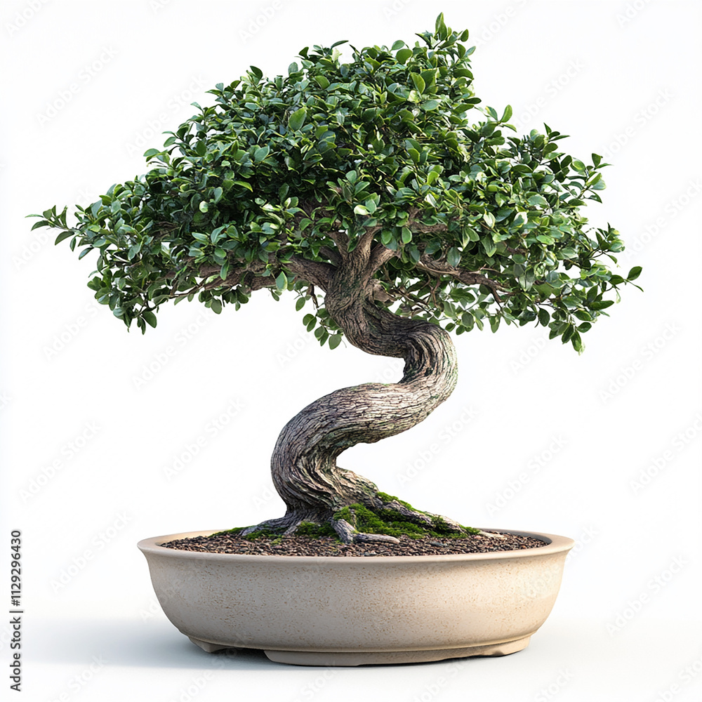 Bonsai Tree with Twisting Trunk and Dense Green Foliage on White Background Bonsai Tree with Twisting Trunk and Dense Green Foliage on White Background