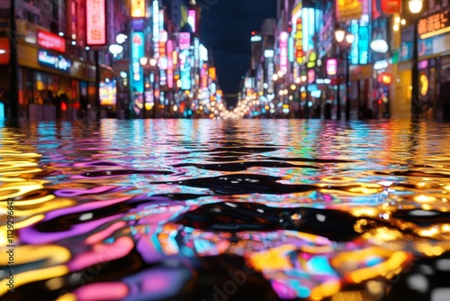 A vibrant image of a reflection in rippling water at night  distorted city lights creating abstract shapes