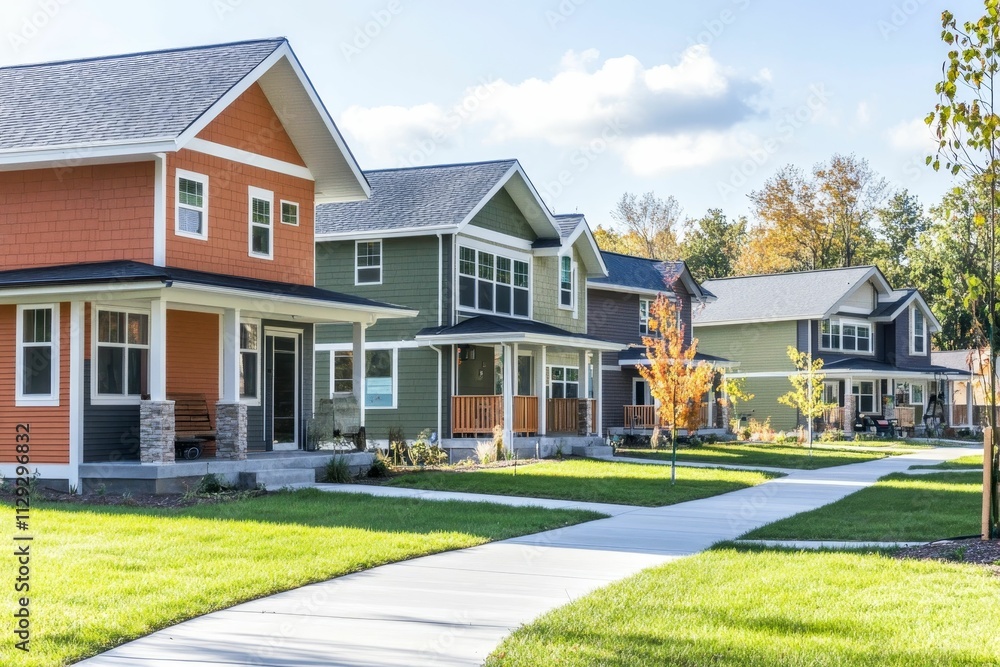 Suburban homes, sunny day, paved walkway, green lawns. Suburban homes, sunny day, paved walkway, green lawns.
