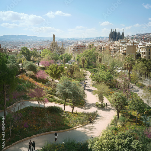 Blooming spring park in Barcelona city centre, Spain travel photo. Beautiful panoramic view of Barcelona cityscape, Sagrada Familia - famous architectural attraction on a background. photo