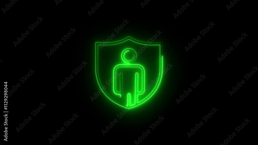 Neon shield icon with profile protection and verification. Security, safety, protection, protect concept. man icon with shield icon animation on black background Neon shield icon with profile protection and verification. Security, safety, protection, protect concept. man icon with shield icon animation on black background