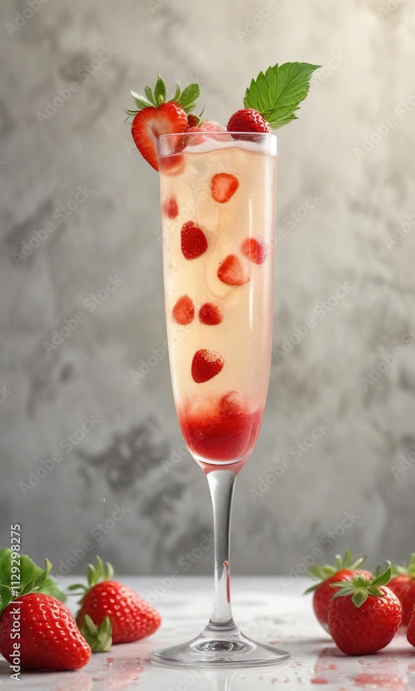 Playful watercolor painting of a bubbly champagne cocktail with strawberries, refreshing, beverage Playful watercolor painting of a bubbly champagne cocktail with strawberries, refreshing, beverage