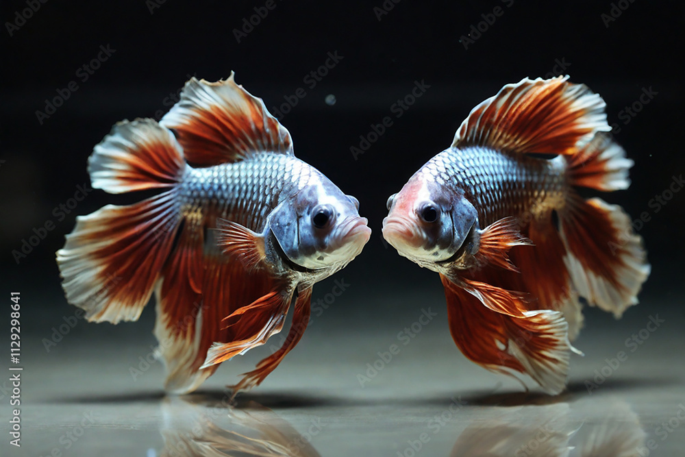 Two Betta fish mirroring each other in symmetry. Two Betta fish mirroring each other in symmetry.
