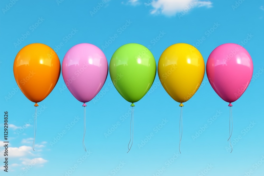 Eight vibrant balloons floating in a blue sky, symbolizing celebration and joy, with sunlight filtering through the colors Eight vibrant balloons floating in a blue sky, symbolizing celebration and joy, with sunlight filtering through the colors
