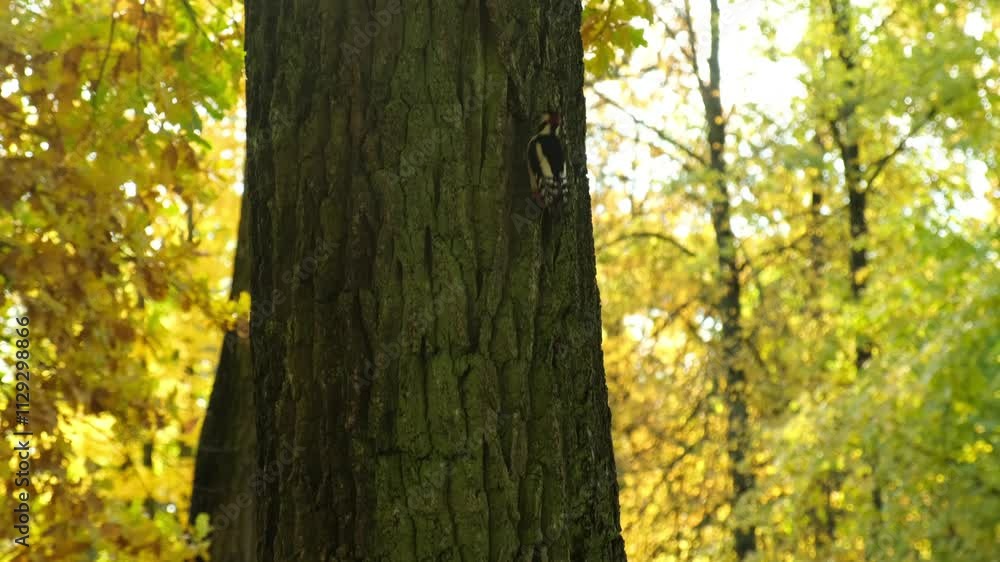 woodpecker on a tree trunk in the autumn forest woodpecker on a tree trunk in the autumn forest