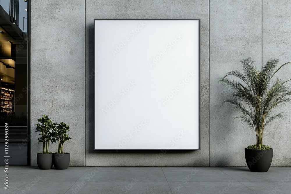 Blank outdoor advertising stand positioned amidst modern potted plants at a storefront entrance Blank outdoor advertising stand positioned amidst modern potted plants at a storefront entrance