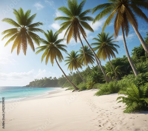 Pristine white sandy beach with palm trees and lush greenery in the background, lush greenery, natural scenery