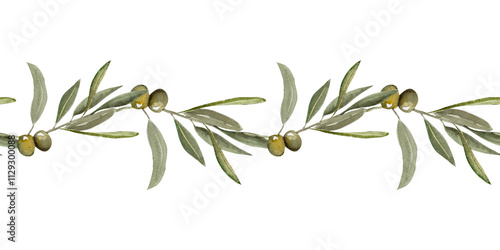 Olive branch seamless border. Hand drawn watercolor illustration. Green and black olive berries, leaves and twigs.