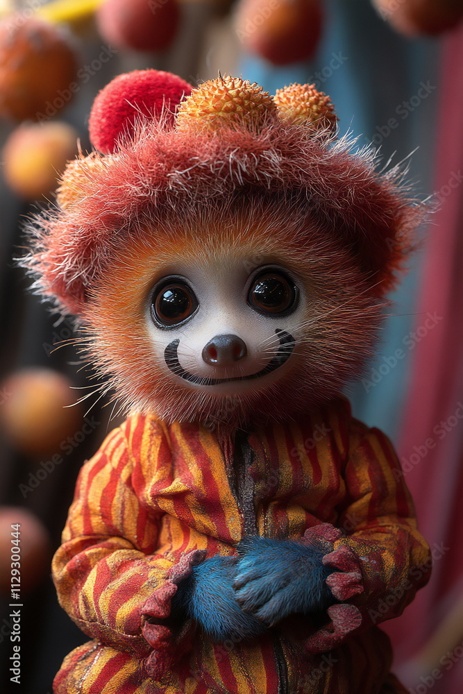 Fototapeta premium Unique character in colorful costume with a playful expression at a festive gathering showcasing fun and imagination