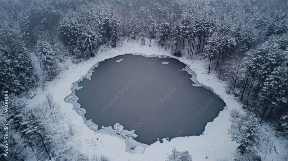 A large body of water is frozen over, with trees surrounding it. The image has a serene and peaceful mood, as the frozen lake is surrounded by a quiet, snowy landscape A large body of water is frozen over, with trees surrounding it. The image has a serene and peaceful mood, as the frozen lake is surrounded by a quiet, snowy landscape