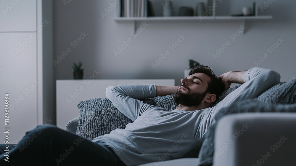 Young man relaxing on a sofa in a cozy living room, resting with his eyes closed, enjoying a peaceful moment at home. 