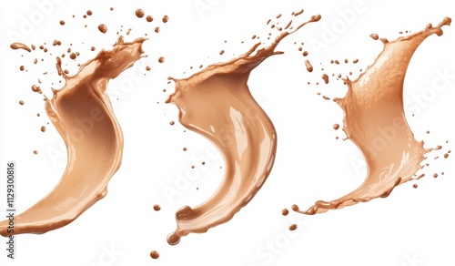 Three splashes of light brown liquid, isolated on white background. photo