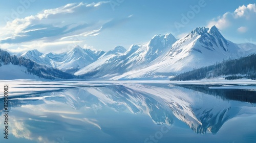 A beautiful mountain range with a lake in the foreground. The lake is calm and the reflection of the mountains is visible. The scene is serene and peaceful, with the mountains towering over the water