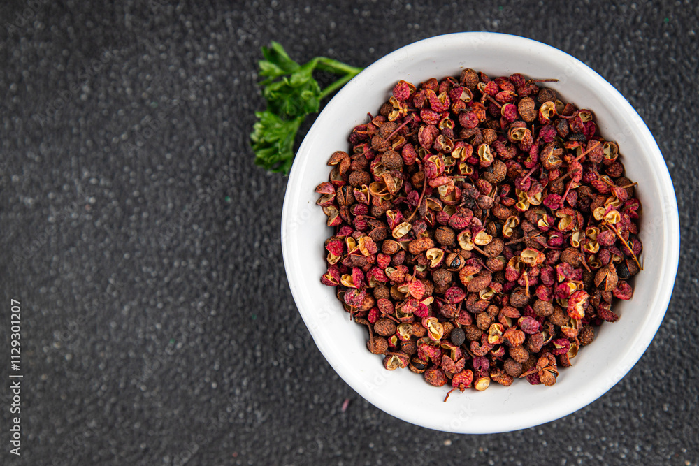 Sichuan pepper spice pepper peas fresh tasty food gourmet food background on the table rustic food top view copy space