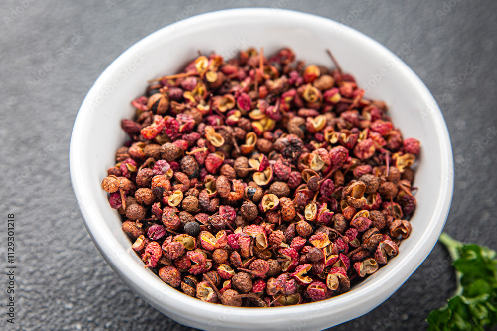 Sichuan pepper spice pepper peas fresh tasty food gourmet food background on the table rustic food top view copy space Sichuan pepper spice pepper peas fresh tasty food gourmet food background on the table rustic food top view copy space