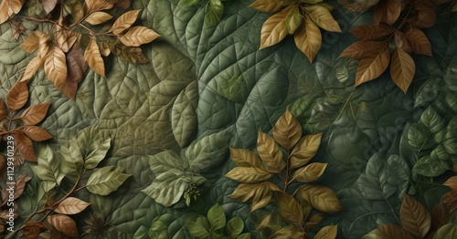 Quilted surface with an abstract representation of nature, including branches and leaves in shades of green and brown, quilted surface, earthy tones, abstract representation