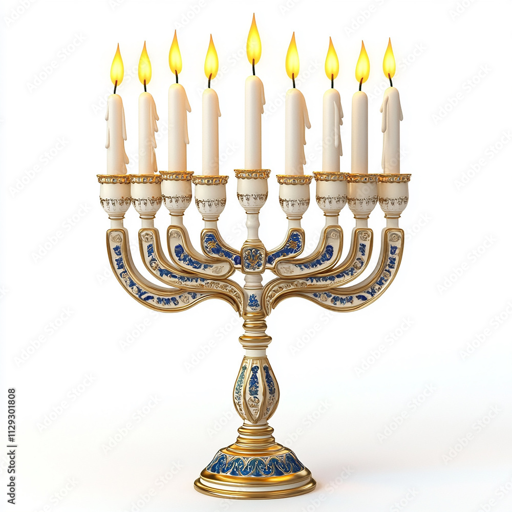 Fototapeta premium Decorative Hanukkah Menorah with Lit Candles on a White Background