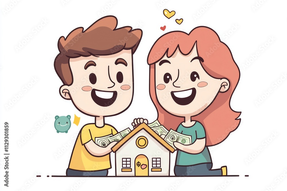 Cartoon couple joyfully saving money for their future home Cartoon couple joyfully saving money for their future home