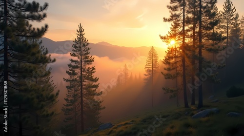 Mediterranean pine trees in a mountain forest at dawn