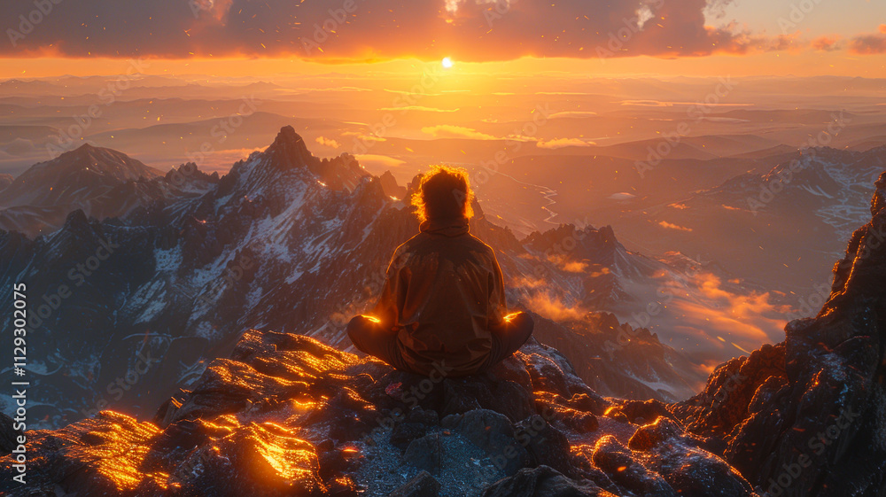 Man Meditating on Mountain Peak at Sunrise
Man Meditating on Mountain Peak at Sunrise