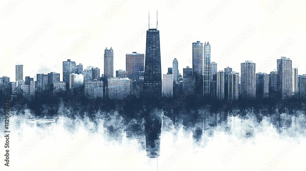 Obraz premium Minimalist chicago skyline in grunge style with reflection. Horizon. Illustration