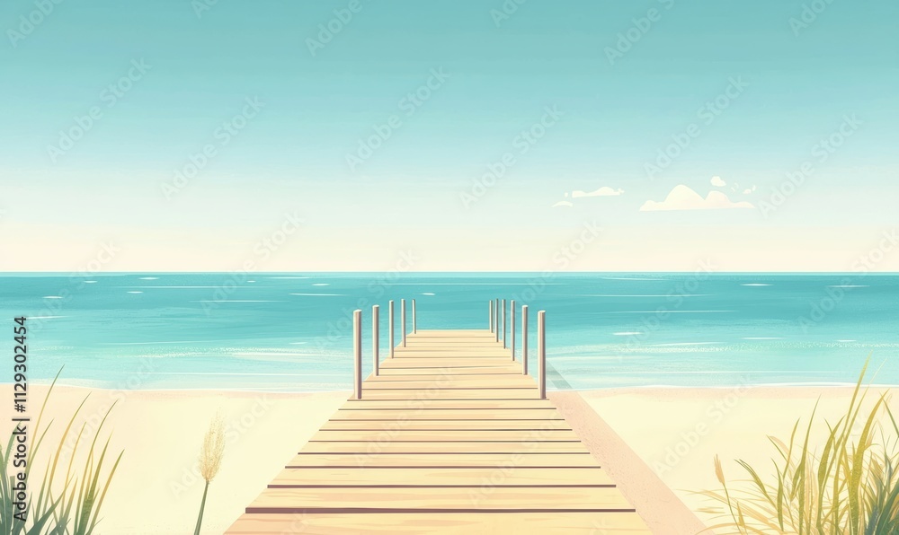 Obraz premium A serene beach scene featuring a wooden pier extending into calm waters under a clear sky, framed by soft sands and lush grasses.