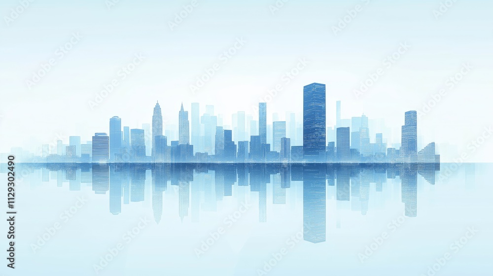 A minimalistic illustration of a futuristic smart city skyline reflected on a calm surface, featuring tall buildings in blue tones A minimalistic illustration of a futuristic smart city skyline reflected on a calm surface, featuring tall buildings in blue tones