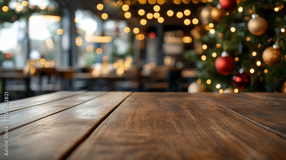Empty wooden table top in a modern coffee shop decorated with festive holiday ornaments . illustration Empty wooden table top in a modern coffee shop decorated with festive holiday ornaments . illustration