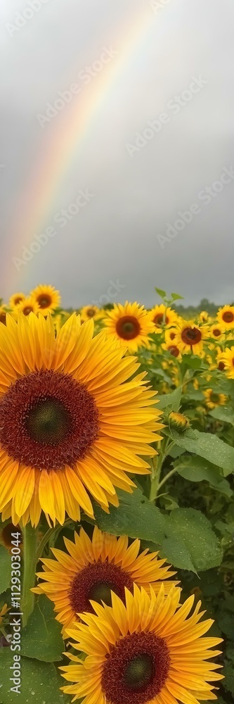 Obraz premium A vibrant rainbow arching over a sunflower field after a light spring rain, with dewdrops sparkling on the petals