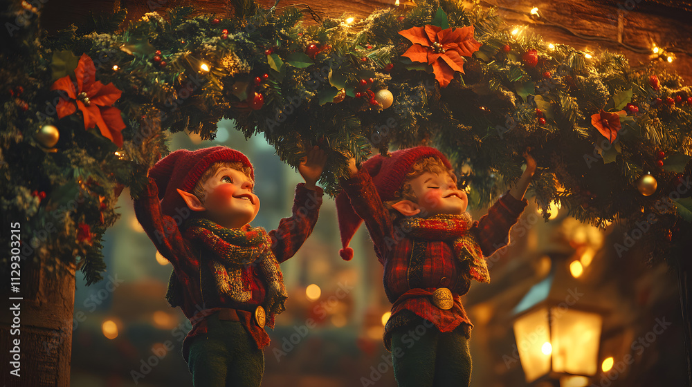 Naklejka premium Elves hanging mistletoe above the entrance to the Christmas workshop adding a romantic touch to the festive setting.