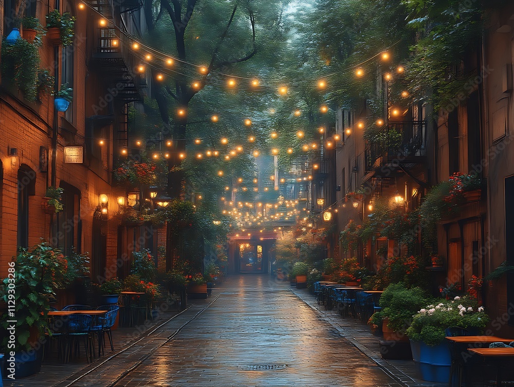 Romantic Alleyway Evening Lights Illuminated Pathway Romantic Alleyway Evening Lights Illuminated Pathway