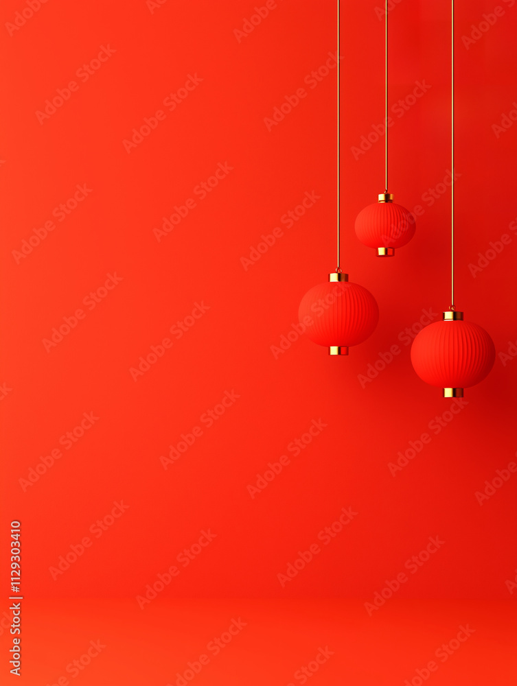 Red chinese lanterns on red background. Chinese New Year display concept. Background for product presentation and banner with copy space. Red chinese lanterns on red background. Chinese New Year display concept. Background for product presentation and banner with copy space.