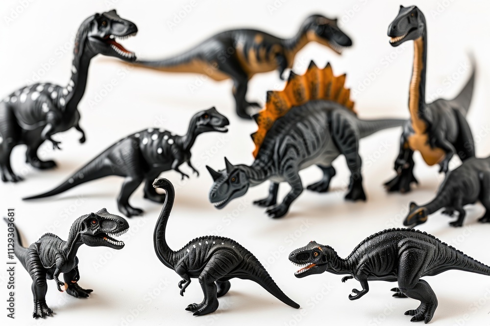 Fototapeta premium A group of plastic toy dinosaurs arranged in a row, suitable for use in illustrations or designs where prehistoric creatures are the theme