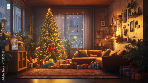 Wallpaper Mural A cozy living room decorated with warm Christmas lights, a tall Christmas tree, and gifts underneath. Torontodigital.ca