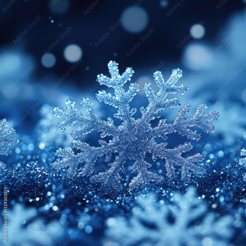 A single snowflake in high detail, set against a bright blue background A single snowflake in high detail, set against a bright blue background