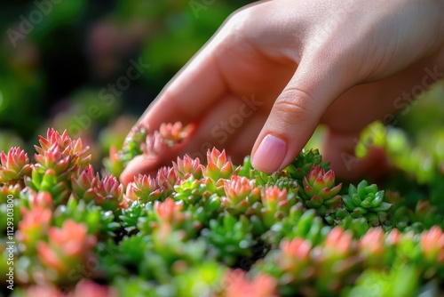 A person gently touching the leaves of a plant with their fingertips photo