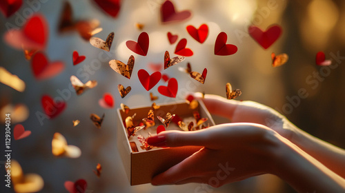 Hands opening a minimalist kraft paper box, from which vibrant red and gold paper hearts gracefully emerge, resembling butterflies in flight.  Romantic, Valentine's Day, love, dating, wedding. Banner photo