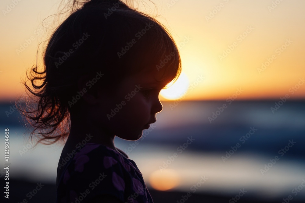 A young child stands alone on the edge of a beach as the sun sets in the background A young child stands alone on the edge of a beach as the sun sets in the background