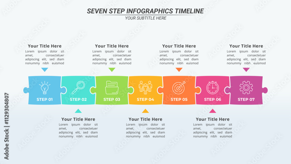 7 Steps Puzzle Infographics with Editable Text on a 16:9 Layout for Business Presentation, Poster, Banner and Booklet. 7 Steps Puzzle Infographics with Editable Text on a 16:9 Layout for Business Presentation, Poster, Banner and Booklet.