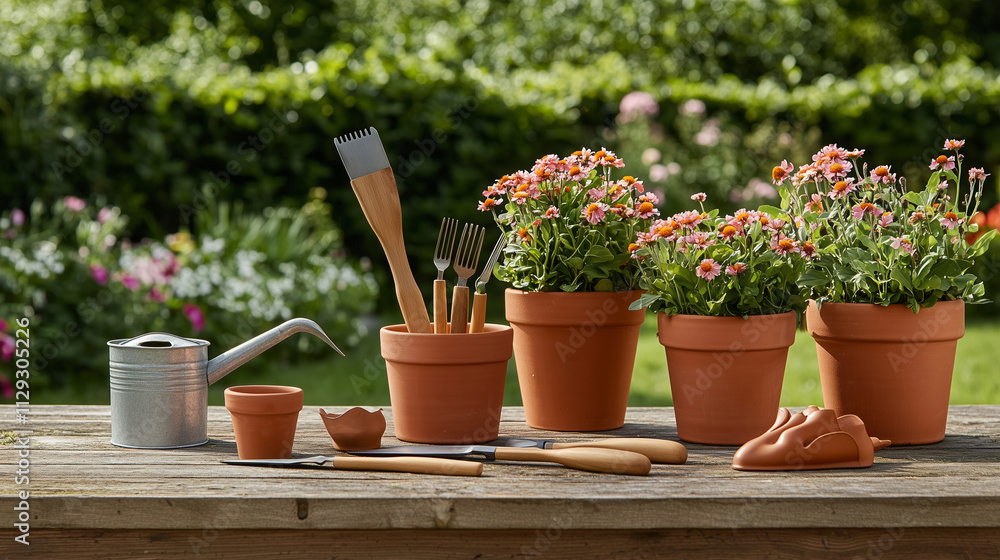 Gardening Tools and Colorful Flowerpots on Wooden Table
