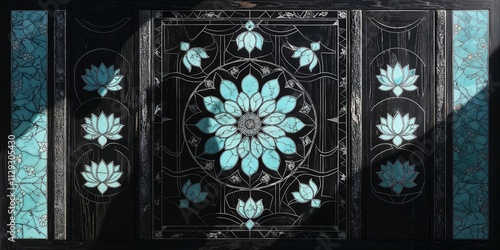 Elegant Turquoise Lotus Table Inlay  Black Wood Dining Table photo