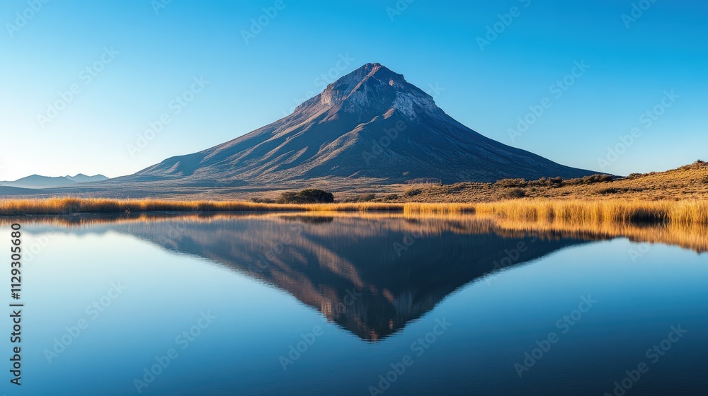 Naklejka premium Serene Mountain Landscape Reflecting on Clear Tranquil Lake Surface at Sunrise